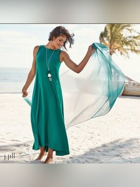 J. Jill Women Teal Midi Maxi Dress Size M Medium Vacation Comfy Sleeveless Rayon